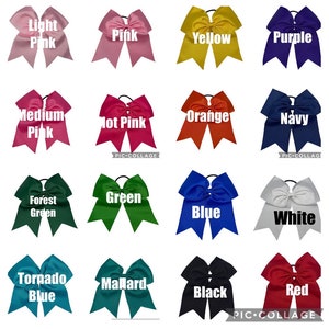 May include: A collage of 16 different colored hair bows. The bows are arranged in four rows of four. The colors of the bows are light pink, pink, yellow, purple, medium pink, hot pink, orange, navy, forest green, green, blue, white, torpedo blue, mallard, black, and red.