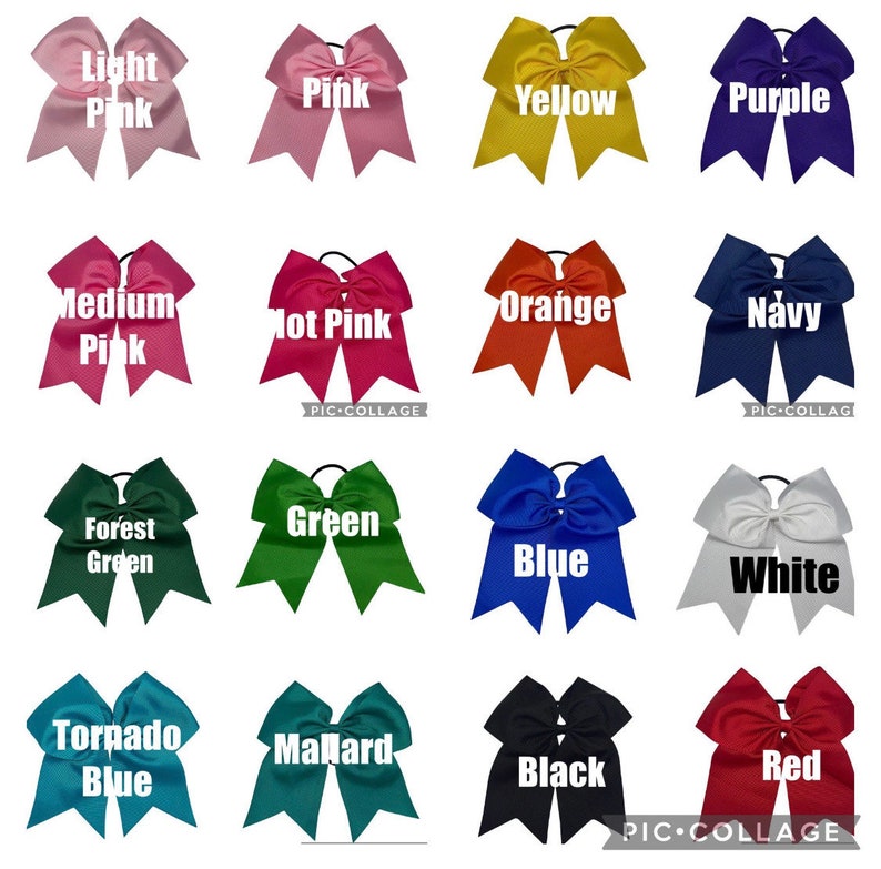 May include: A collage of 16 different colored hair bows. The bows are arranged in four rows of four. The colors of the bows are light pink, pink, yellow, purple, medium pink, hot pink, orange, navy, forest green, green, blue, white, torpedo blue, mallard, black, and red.