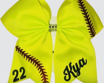 Softball Bow | Personalized Name & Number, 7-Inch Grosgrain Ribbon