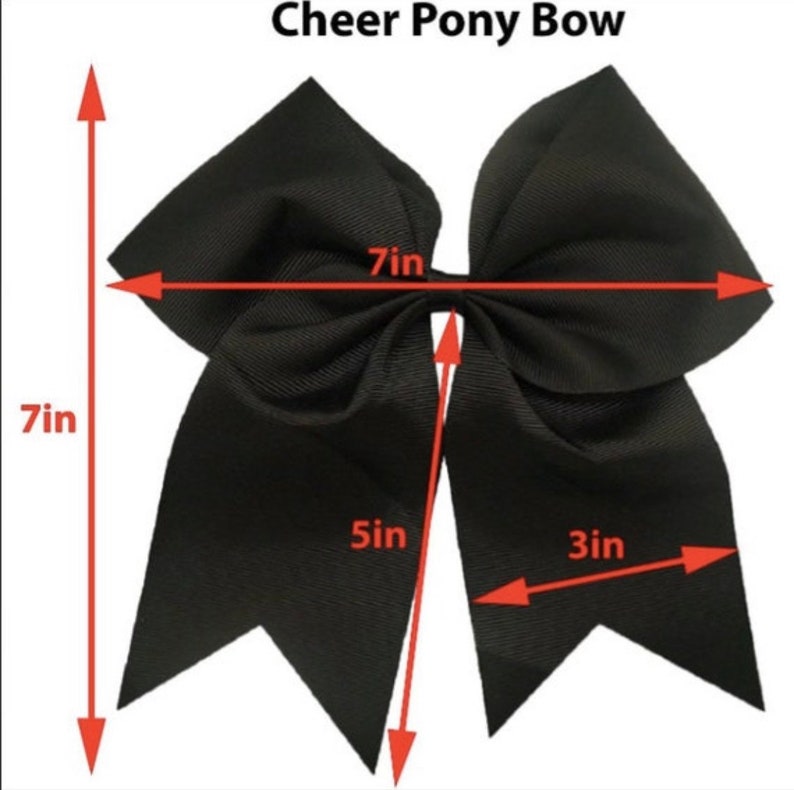 May include: A black cheer bow with a 7 inch width and 5 inch height. The bow is 3 inches thick.