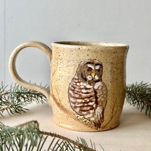 Spotted Owl mug, Mug for Bird Lovers, Large Coffee Mug, Unique Hand Painted, One of a Kind, Collectible, hand thrown, 16oz Mug,  MerschMud