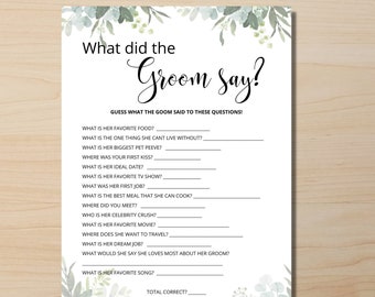 Bridal shower games, bridal shower game, bridal shower, greenery bridal shower, wedding shower games, what did the groom say, rustic, games