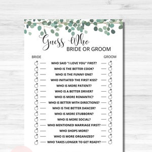 Bridal shower games, bridal shower game, bridal shower, greenery bridal shower, wedding shower games, Bride and groom trivia, rustic, fun