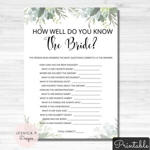 Bridal shower games, bridal shower game, bridal shower, greenery bridal shower, wedding shower games, how well do you know the bride, rustic