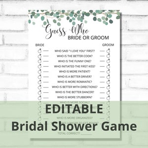 EDITABLE Bridal shower games, bridal shower game, bridal shower, greenery bridal shower, wedding shower games, Bride and groom trivia,rustic