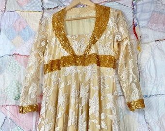 Vintage 1970's Gold Sequined Embroidered Lace Tulle Party Dress Long Sleeve Ruffle