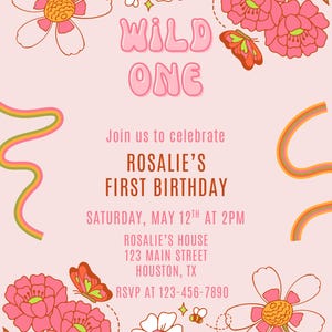 Invitación de cumpleaños &quot;Wild One&quot;: Floral retro, primer cumpleaños, plantilla editable (descarga digital)