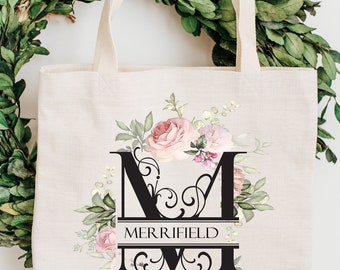 Personalized Monogram White Canvas Tote Bag-Monogram Beach Bag-Gift for Her-Monogram Book Bag-Shabby Chic Style