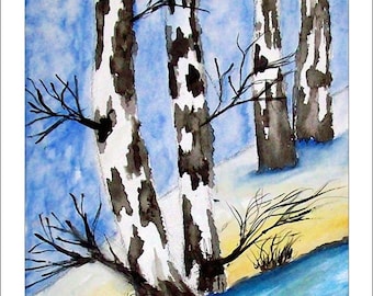 May include: Watercolor painting of three birch trees with white bark and black branches against a blue sky. The trees are in a snowy landscape with a small stream in the foreground.