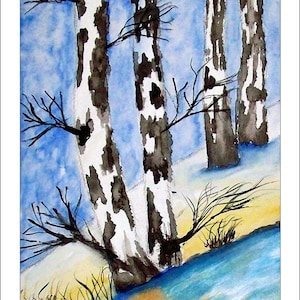 May include: Watercolor painting of three birch trees with white bark and black branches against a blue sky. The trees are in a snowy landscape with a small stream in the foreground.