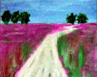 May include: A painting of a winding white path through a field of pink flowers.  The path leads to a line of trees in the distance against a blue sky.