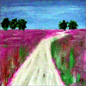 May include: A painting of a winding white path through a field of pink flowers.  The path leads to a line of trees in the distance against a blue sky.