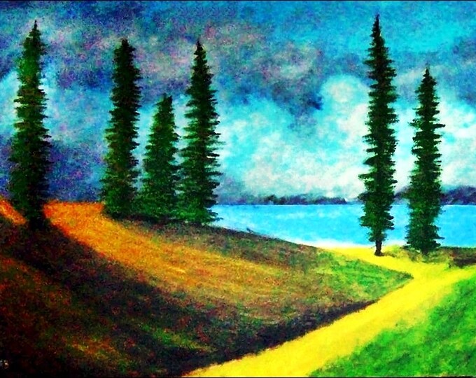 2017#34_Landschaft Oil Painting Sea-Wake Waside Meadow Flow-spruce Sky Cloud-Oil Painting Landscape Painting