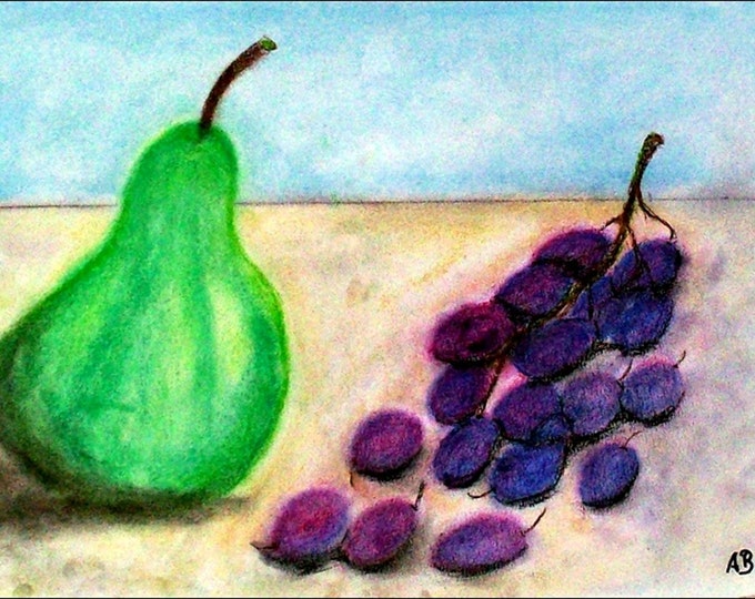 2018#35_Stillleben with pear and grapes, pastel paintings, pear, grapes, modern painting, fruit, pastel painting, pastel painting