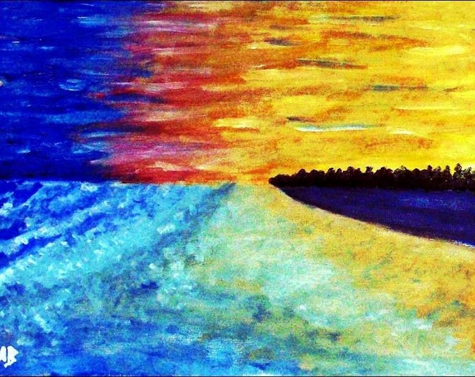 2018 # 10_Sonnenuntergang on the coast, oil painting, clouds, sea, beach, sunset, waves, forest, painting, oil paintings, landscape image