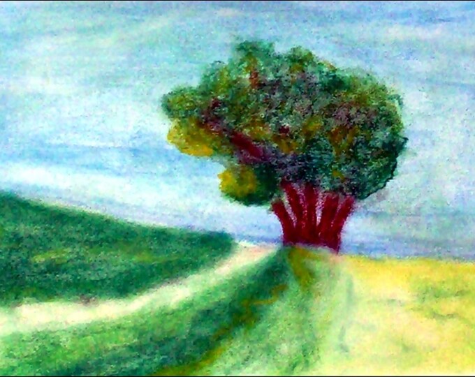 2018#34_Bergpfad, pastel paintings, trees, grass, meadow, nature, field, path, hill, landscape, summer, pastel painting, pastel painting