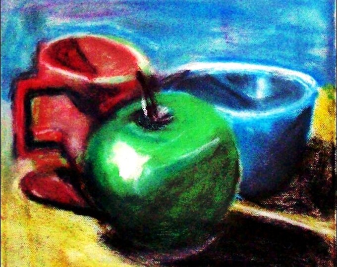 2017 # 56_Stillleben with Apple, Kaffeepott and blue Bowl, green apple, pastel painting, red pot, blue bowl, pastel painting,