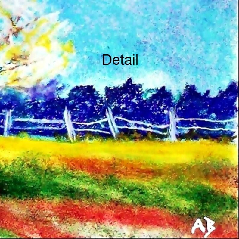 May include: A pastel painting of a landscape with a blue sky, white clouds, a yellow sun, a green field, a blue fence, and a line of dark blue trees. The word "Detail" is written in black at the top of the image.