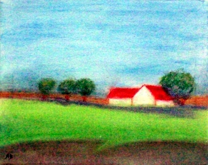 2019 06_Häuser on the field, pastel painting landscape painting, field, trees, forest, bushes, flowers, sky, pastel painting, landscape, canvas