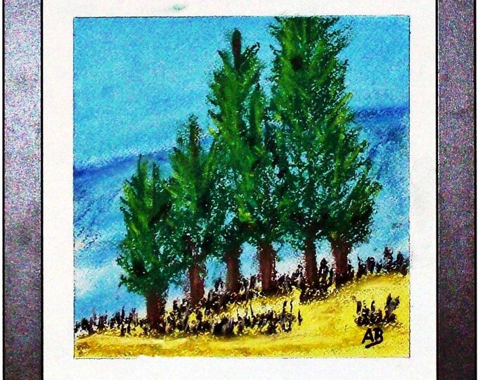 2017 # 57_Bäume in the mountains, pastel paintings, trees, mountains, hills, bushes, meadow, grass, sky, clouds, pastel painting, pastel image