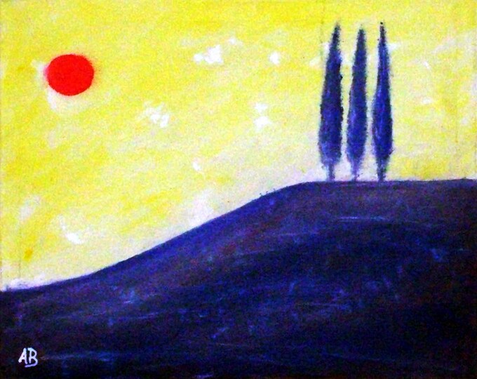 2019 09_Toskana, Oil Painting, Tuscany, Sun, Sky, Mountains, Hills, Trees, Cypresses, Lamdschaftsbild, Modern, Abstract Painting, Oil Painting