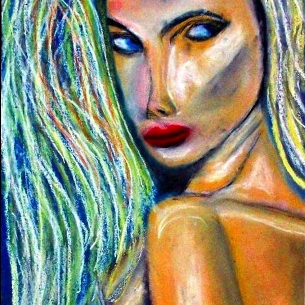 2017 #59_Frauenportrait, peinture pastel, femme, cheveux longs, blond, portrait, femme, figuratif, peinture Feminale, peinture pastel