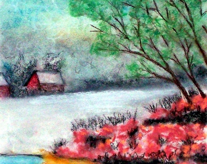 Lake 2018#45_Haus, pastel painting, forest trees, house, lake, meadow, flowers, nature, landscape, pastel paintings, pastel painting