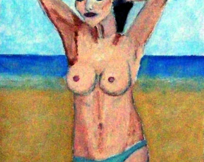 2018#56_Frau on the Beach, Oil Painting, Eroticism, Woman, Girl, act, sea, Beach, Feminal, oil Painting, Landscape