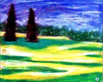 2017 # 45 _ Trees and Meadow Pastel Painting Forest Tree Meadow Meadow Field Smer-Sky Cloud-Skilor Landscape Pastel Painting