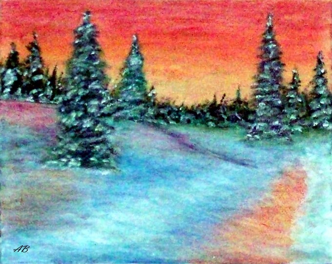 2019 18_Sonnenuntergang in the winter forest, mixed media painting, forest, trees, snow, sunset, winter landscape, oil paint, oil pastel chalk