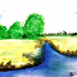 2019-27_Felder and trees by the river, mixed media, pastel crayon, acrylic paint, mixed media, forest, river, landscape painting, landscape painting