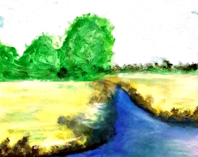 2019-27_Felder and trees by the river, mixed media, pastel crayon, acrylic paint, mixed media, forest, river, landscape painting, landscape painting
