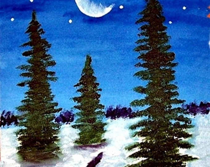 2015-12-06_Landschaft in Winter-Night-Moon-Forest-Snow-Fir Trees-Spruce-Christmas-Oil Painting