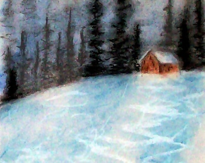2018#41_Winterwelt, pastel painting, landscape, mountain landscape, hill, winter, snow, trees, fir, hut, pastel painting, pastel painting