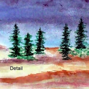 May include: Watercolor painting of a landscape with a purple sky and five dark green trees in the foreground. The word "Detail" is written in black at the bottom of the image.