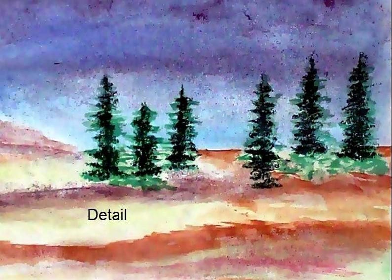 May include: Watercolor painting of a landscape with a purple sky and five dark green trees in the foreground. The word "Detail" is written in black at the bottom of the image.