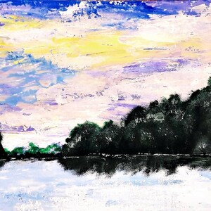 May include: A painting of a lake with a forest in the background. The sky is a mix of blue, yellow, and purple. The water is a dark blue and reflects the sky.