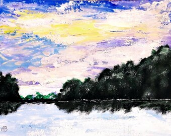 May include: A painting of a lake with a forest in the background. The sky is a mix of blue, yellow, and purple. The water is a dark blue and reflects the sky.