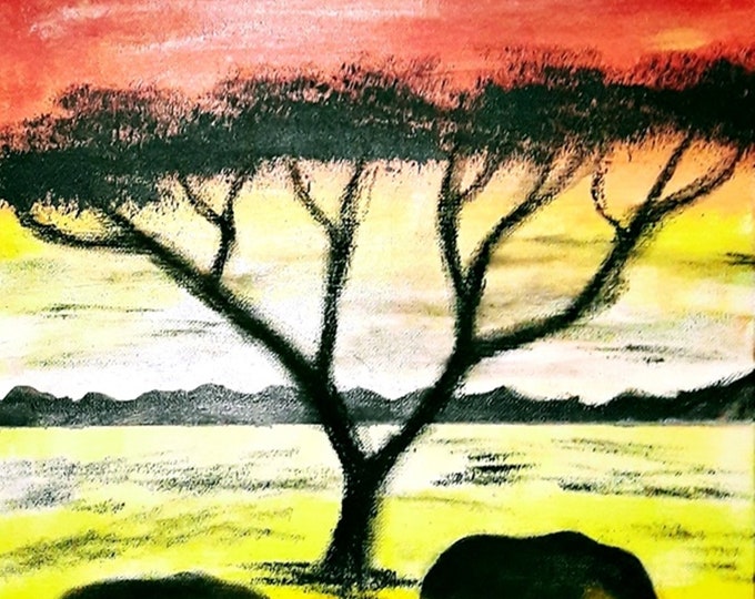2020-10_Sonnenuntergang in Africa, acrylic painting, landscape, hills, trees, elephants, savannah, acrylic painting, landscape, landscape
