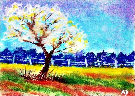 2017#61_Frühlingslandschaft, Pastellgemälde, Frühling, Wiese, Wald, Bäume, Baum, Blüten, ZaunLandschaftsbild, Pastellmalerei, Pastellbild