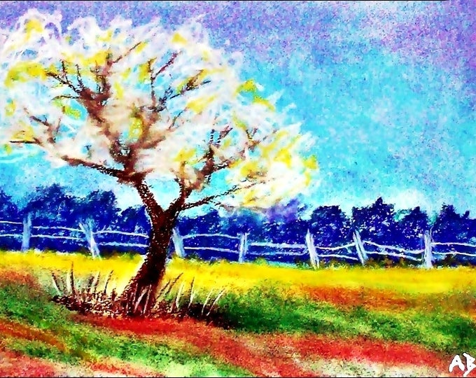 2017 # 61_Frühlingslandschaft, pastel painting, spring, meadow, forest, trees, tree, blossoms, fence landschaftsbild, pastel painting, pastel image