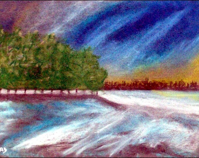 2018 # 14_Bäume am See, pastel painting, sunset, forest, trees, lake, snow, ice, winter, pastel painting, pastel picture