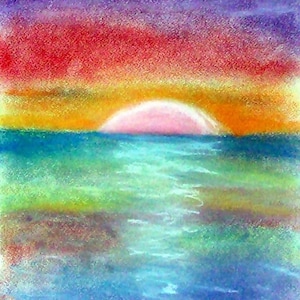 2018 #42_Meerlandschaft, pastel, peinture, mer, coucher de soleil, soleil, eau, nuages, vagues, peintures pastels, Landsschaftsbild, peinture pastel