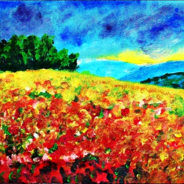 2018#05_Blumenwiese, Hügel, Acrylgemälde, Bäume, Wald, Blumen, Wiese, Felder, Acrylmalerei, Acrylbild, Original Acrylic Landscape Painting