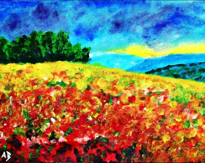 2018 # 05_Blumenwiese, hills, acrylic paintings, trees, forest, flowers, meadow, fields, acrylic painting, acrylic, original acrylic landscape painting