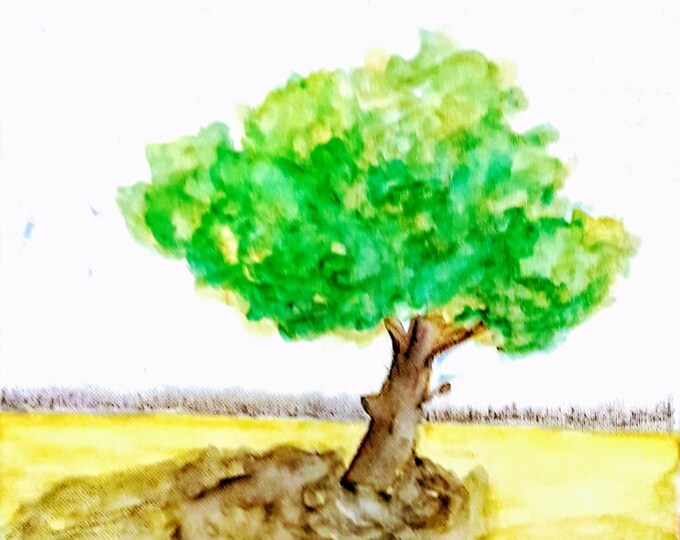 2020'14_Lonely tree in spring,watercolor painting, landscape, field, meadow, tree, forest, trees, sky, watercolor painting, fine art painting