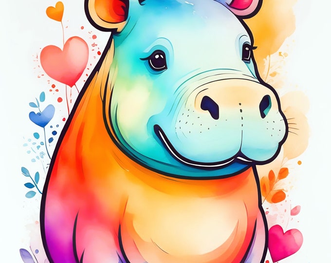 EAP2023-1, Hippo, Artprint from Original Watercolor Painting by Armin Behnert, watercolor art, wall decoration, children's picture, painting, fine art