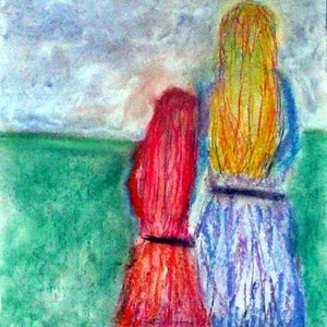 2018#43_Mutter and daughter, pastel painting, figurative, woman, girl, feminine painting, people, landscape, pastel paintings, pastel painting