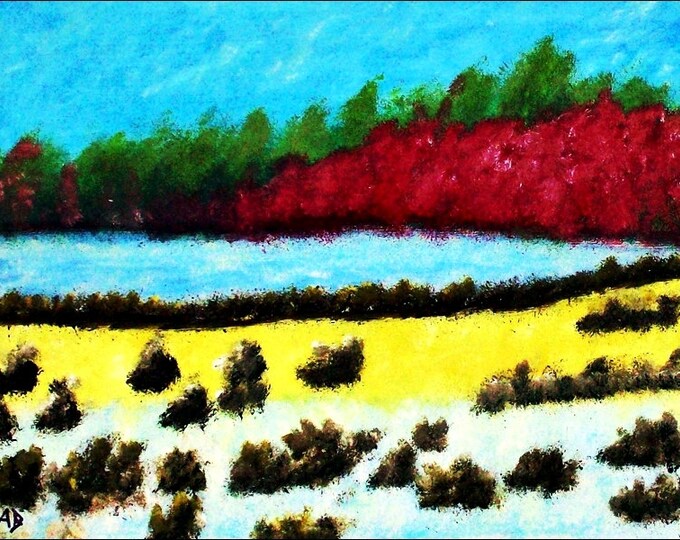 2018 # 03_Flusslandschaft, oil painting, forest, trees, river, water, bushes, meadow, field
