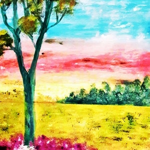 2020#18_Feldlandschaft, Oil Painting, Landscape Painting, Sunset, Tree, Forest, Field, Flowers, Oil Painting, Fine Art Painting